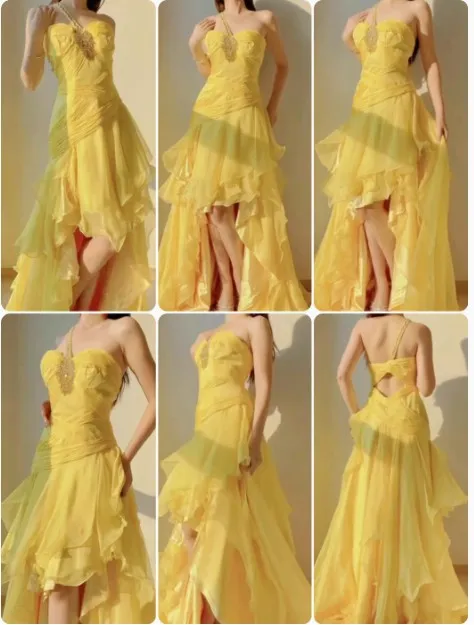 Yellow A-Line One Shoulder Chiffon Long Prom Dress Sweet Layered Birthday Dress HZ1108