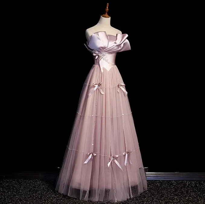 Pink A-Line Strapless Satin Tulle Long Prom Dress Graduation Prom Birthday Dress HZ1108