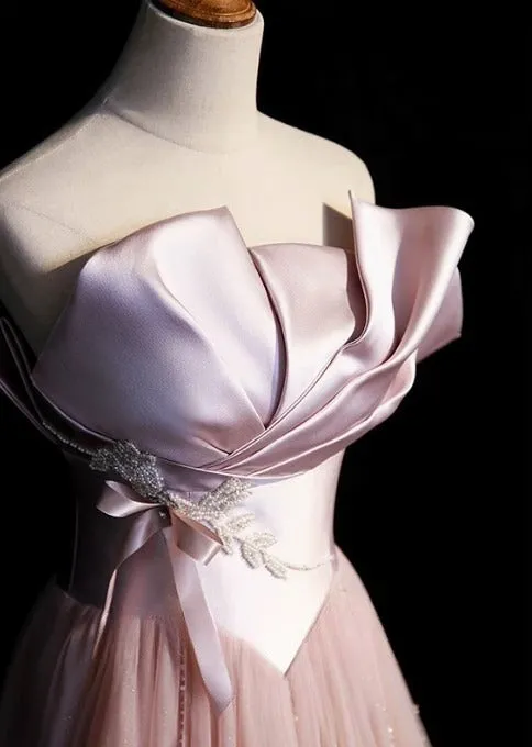 Pink A-Line Strapless Satin Tulle Long Prom Dress Graduation Prom Birthday Dress HZ1108 - Image 2