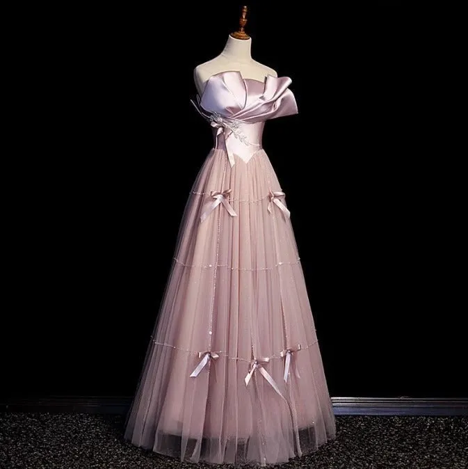 Pink A-Line Strapless Satin Tulle Long Prom Dress Graduation Prom Birthday Dress HZ1108 - Image 3