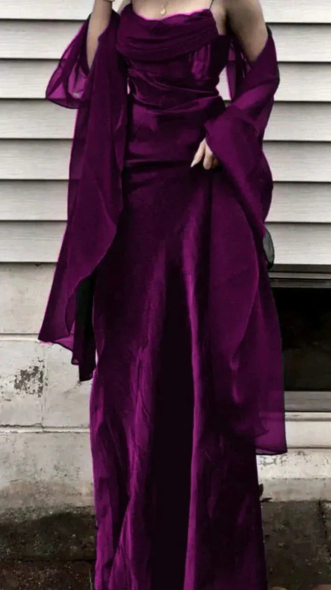 ??Vintage Dark Green Prom Dress Spaghetti Strap Chiffon Evening Gown with Shawl HZ1108 - Image 3