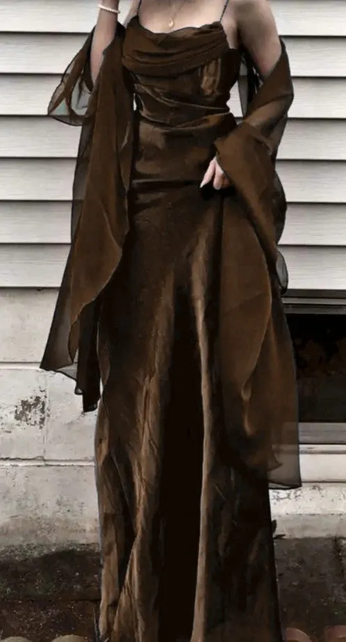 ??Vintage Dark Green Prom Dress Spaghetti Strap Chiffon Evening Gown with Shawl HZ1108 - Image 5