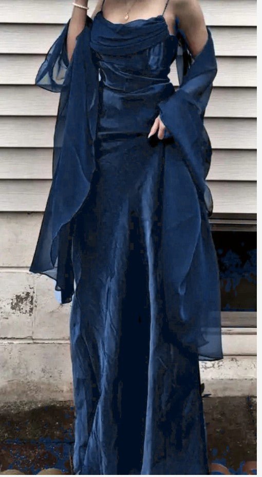 ??Vintage Dark Green Prom Dress Spaghetti Strap Chiffon Evening Gown with Shawl HZ1108 - Image 6