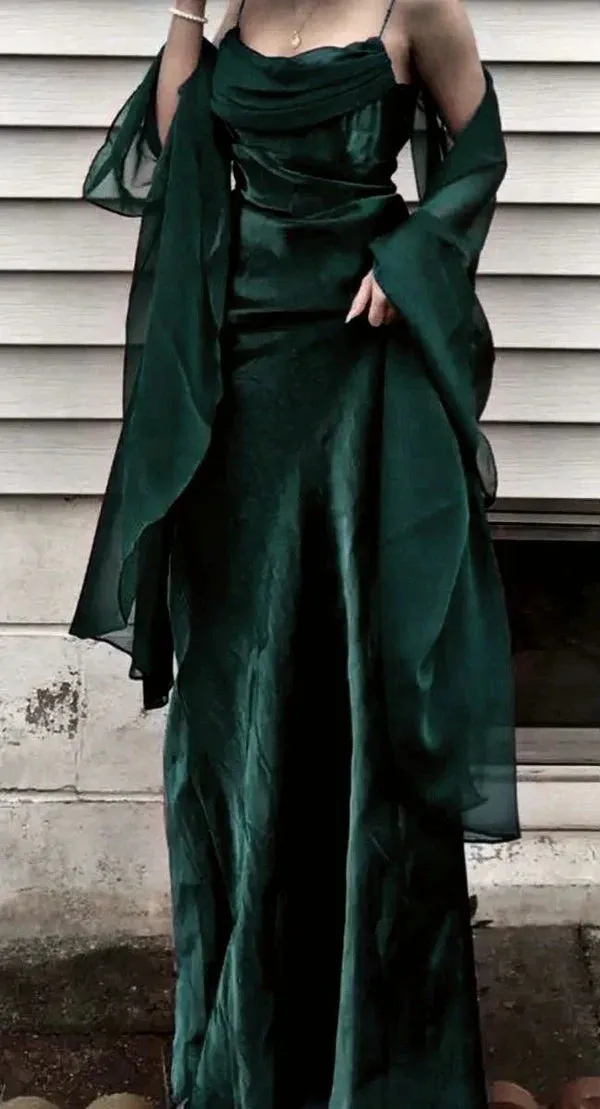 ??Vintage Dark Green Prom Dress Spaghetti Strap Chiffon Evening Gown with Shawl HZ1108