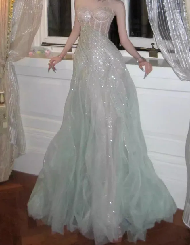 Gentle A-Line Sequined Tulle Strapless Long Prom Dress Adult Ceremony Prom Dress HZ1108