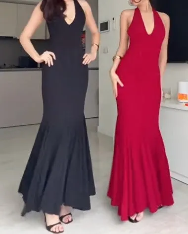 Sexy Mermaid Halter Long Prom Dress Backless Evening Dress HZ1108