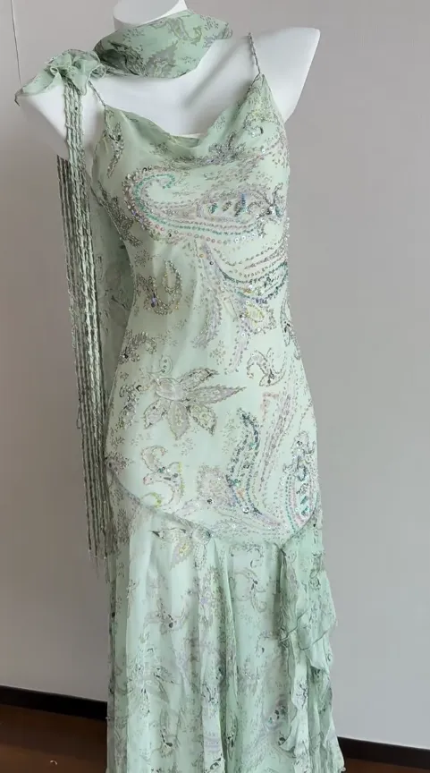 Elegant Green Mermaid Formal Dresses Beaded Chiffon Open Back Long Prom Dresses Spaghetti Straps Guest Dresses HZ1108 - Image 4