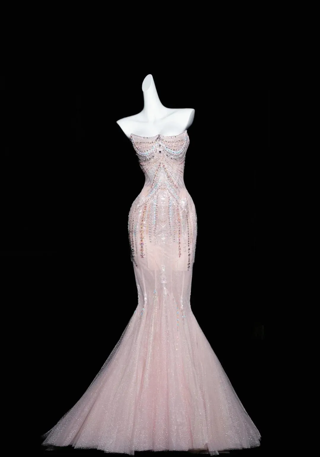 Pink Mermaid Strapless Tulle Diamond Long Prom Dress Sweet Wedding Dress Formal Dress HZ1108