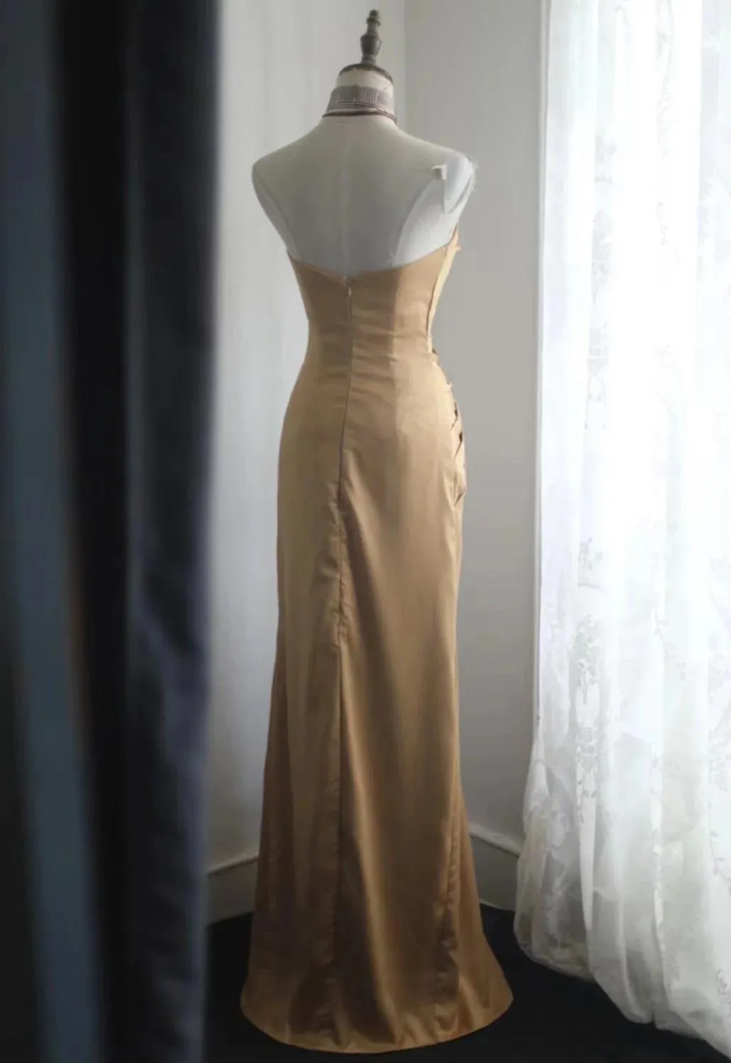 Mermaid Gold Strapless Satin Long Prom Dress Simple Evening Dress HZ1108 - Image 5