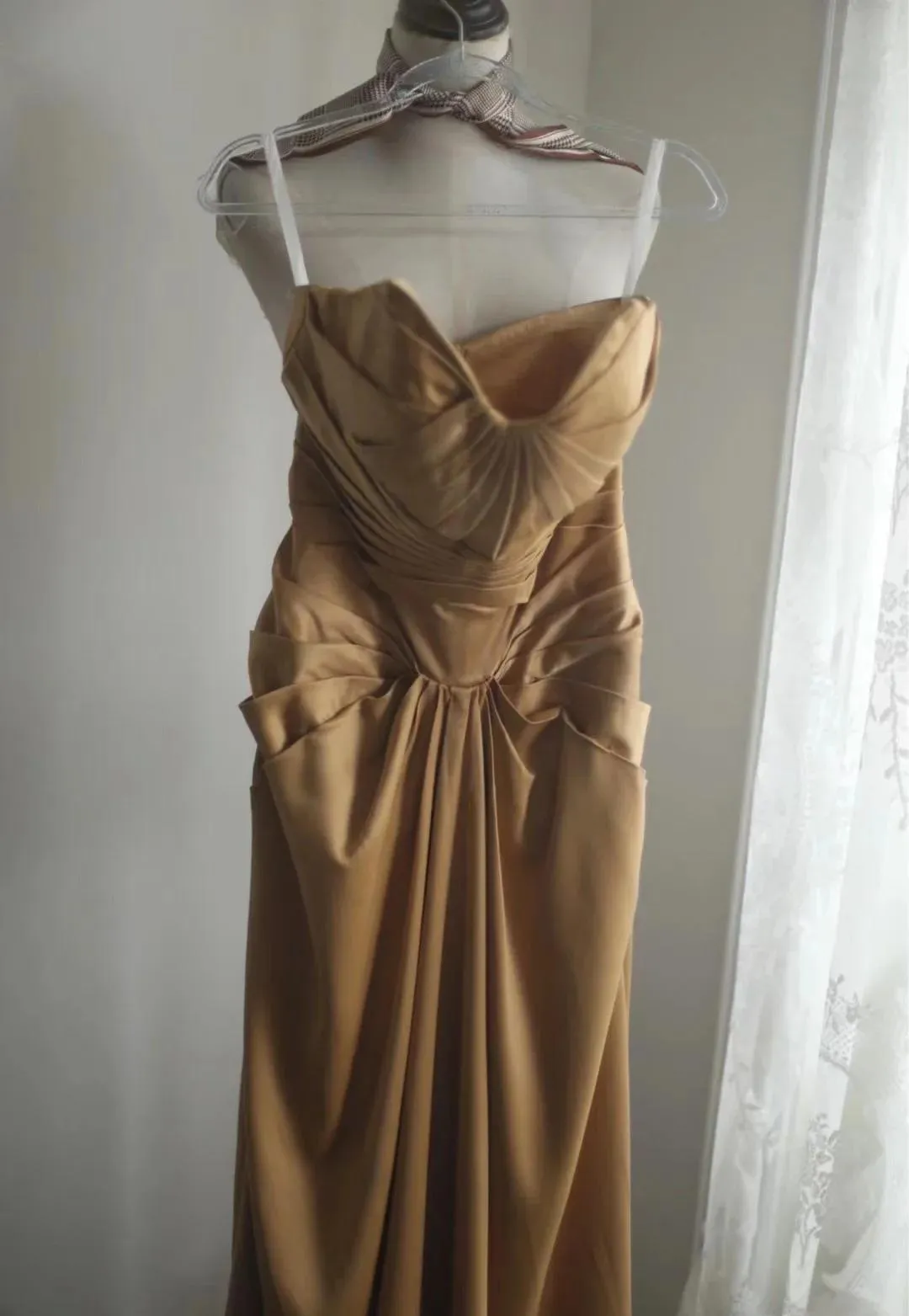 Mermaid Gold Strapless Satin Long Prom Dress Simple Evening Dress HZ1108 - Image 3