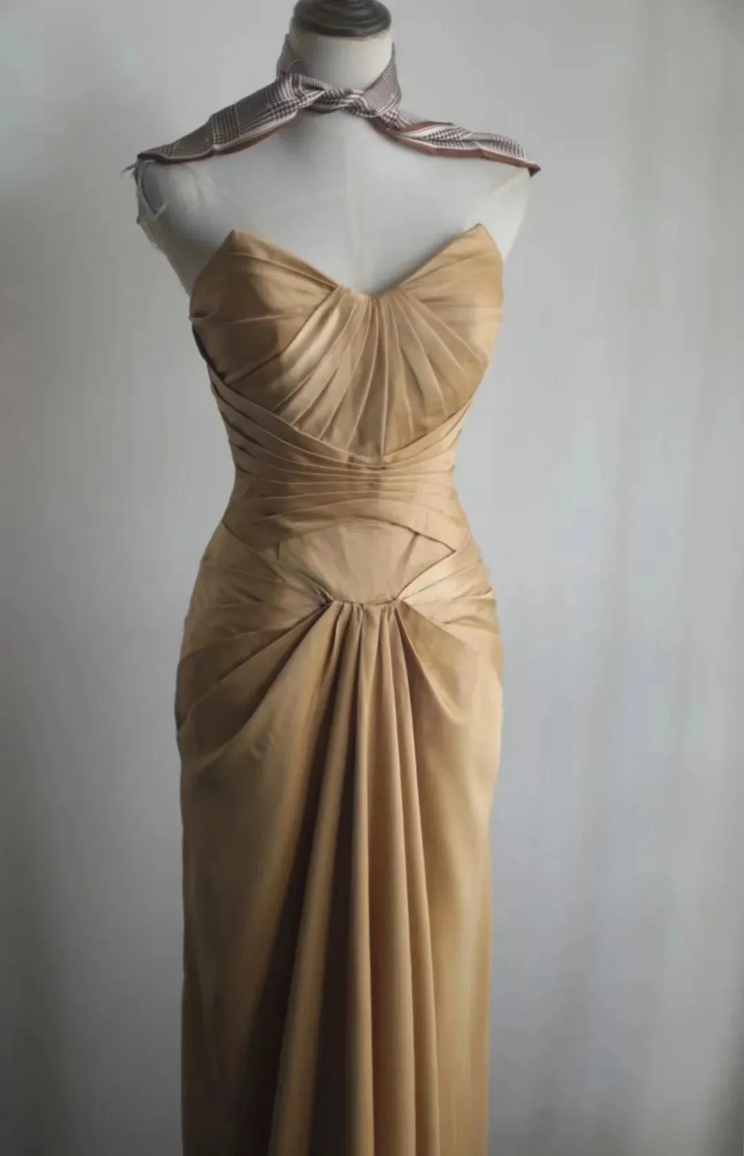 Mermaid Gold Strapless Satin Long Prom Dress Simple Evening Dress HZ1108 - Image 2