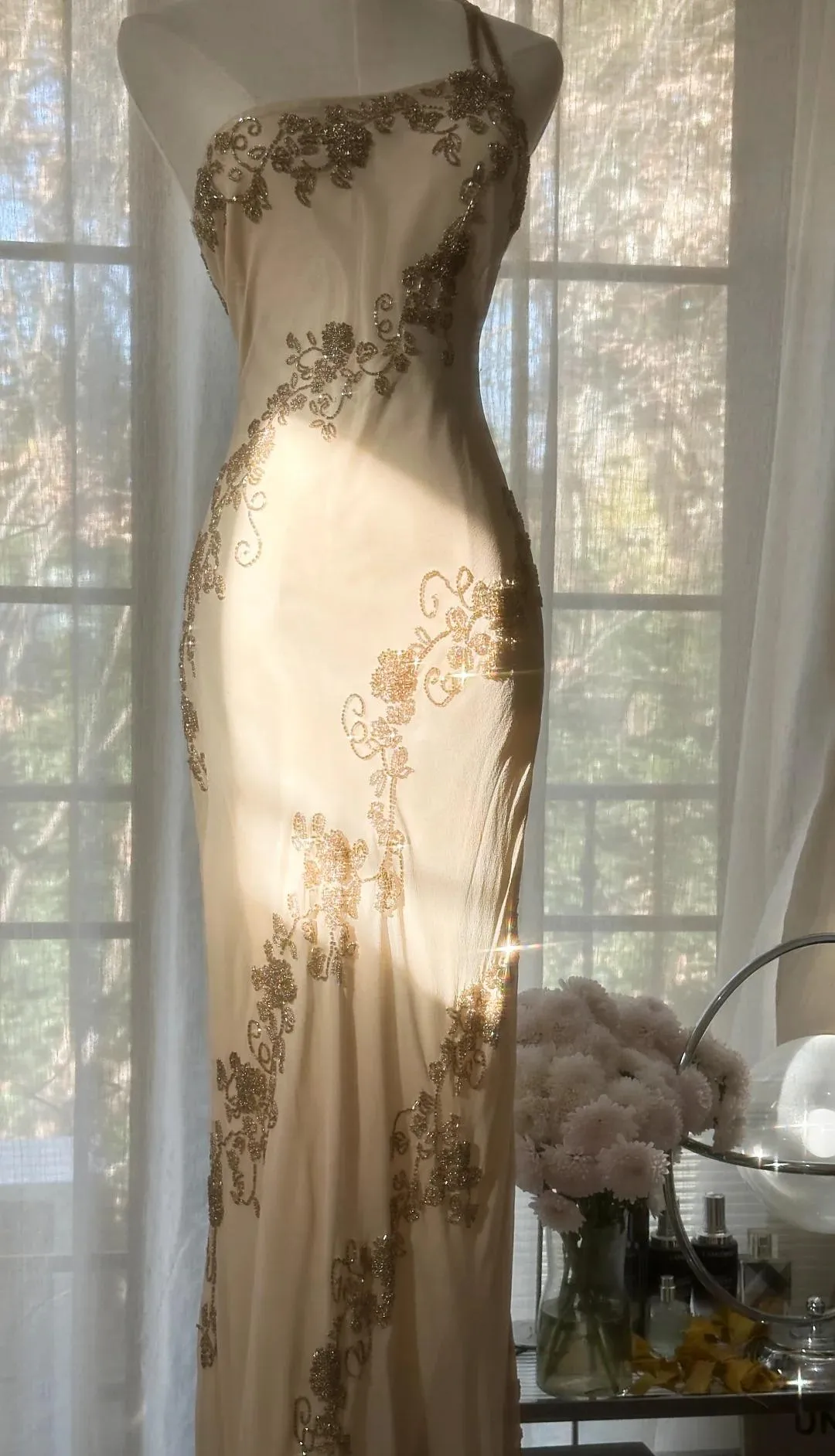 Champagne Retro Chiffon Sheath Party Dress One Shoulder Beaded Long Prom Dress HZ1108 - Image 2