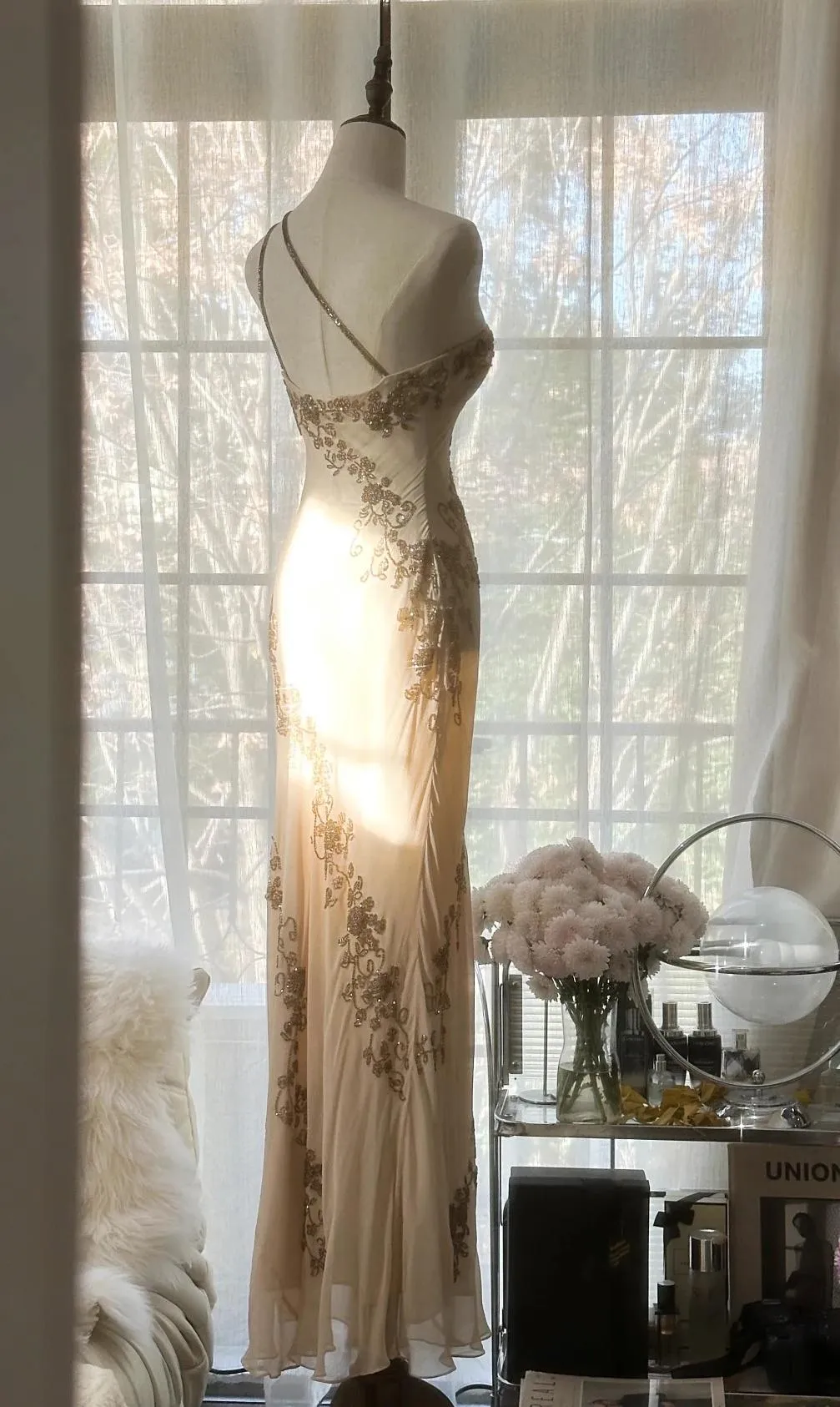 Champagne Retro Chiffon Sheath Party Dress One Shoulder Beaded Long Prom Dress HZ1108 - Image 4