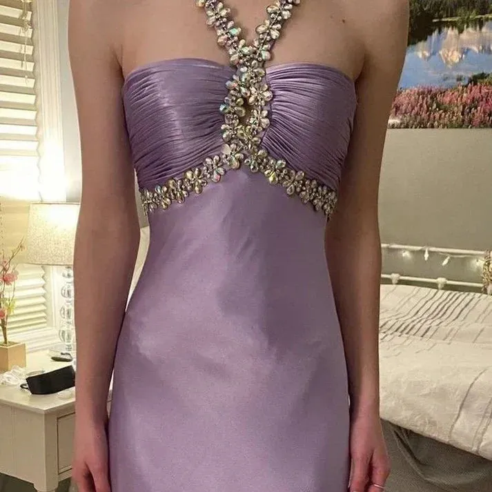 Glamou Purple ??Satin Beaded Backless Long Prom Dress for Party&Birthday,Elegant Wedding Guest Outfits HZ1108