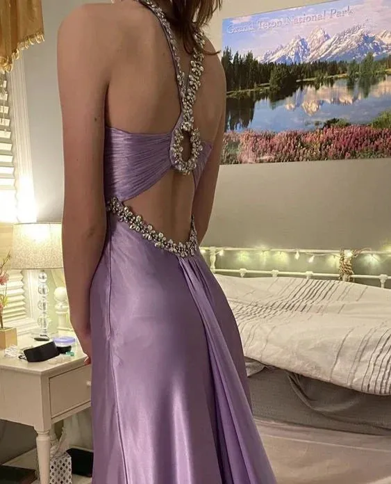 Glamou Purple ??Satin Beaded Backless Long Prom Dress for Party&Birthday,Elegant Wedding Guest Outfits HZ1108 - Image 3
