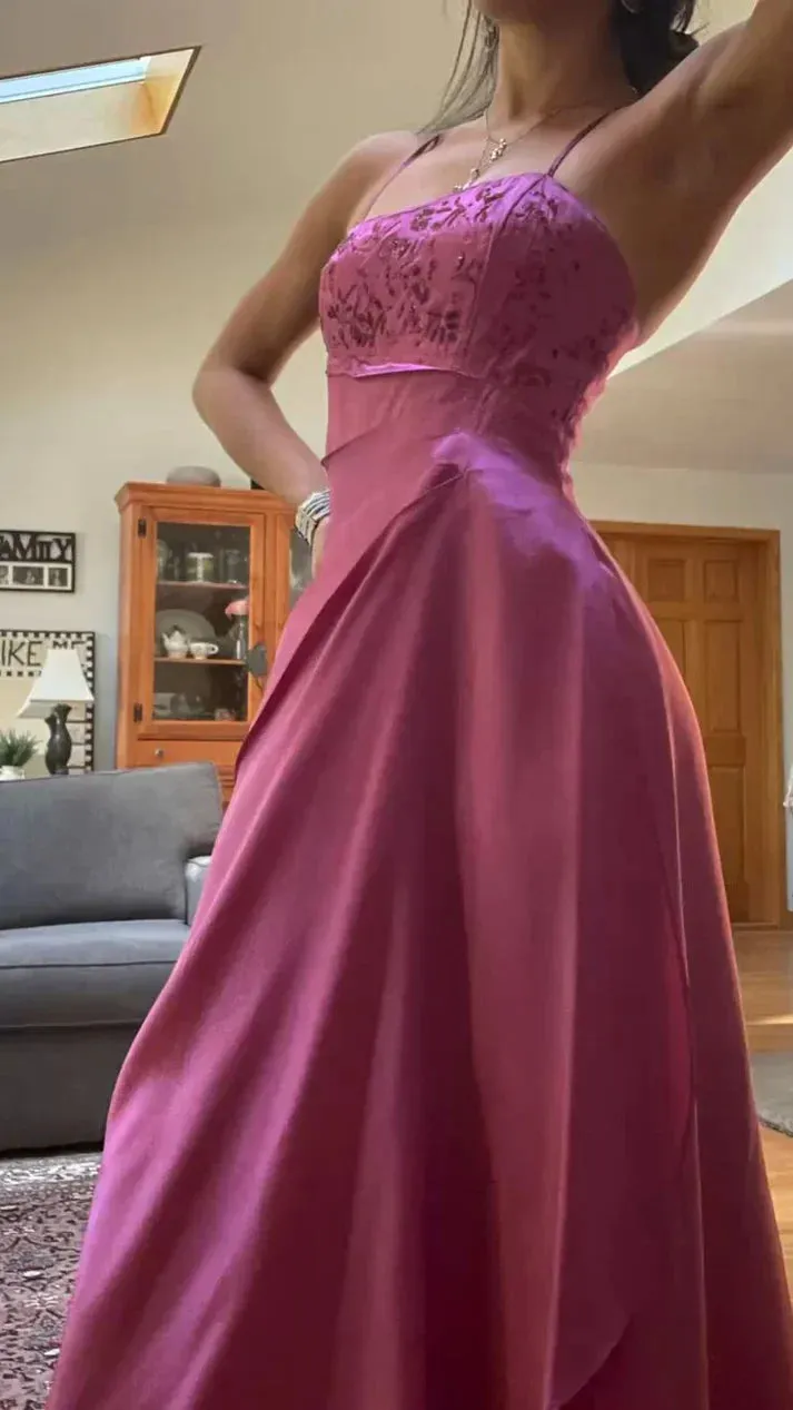 Elegant Spaghetti Straps A-Line Fuchsia Beaded Satin Prom Dresses Gorgeous Wedding Guest Dresses with Shawl HZ1108 - Image 5