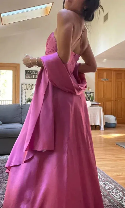 Elegant Spaghetti Straps A-Line Fuchsia Beaded Satin Prom Dresses Gorgeous Wedding Guest Dresses with Shawl HZ1108 - Image 4