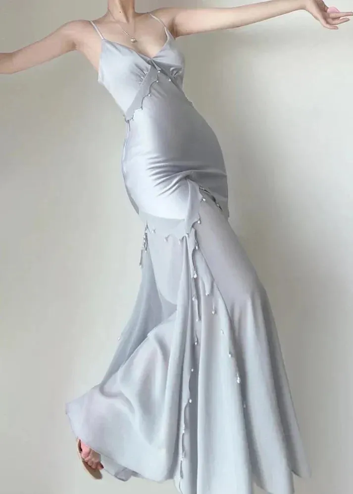 Retro Silver Mermaid Spaghetti Straps Satin Long Prom Dress Beaded Evening Dress HZ1108