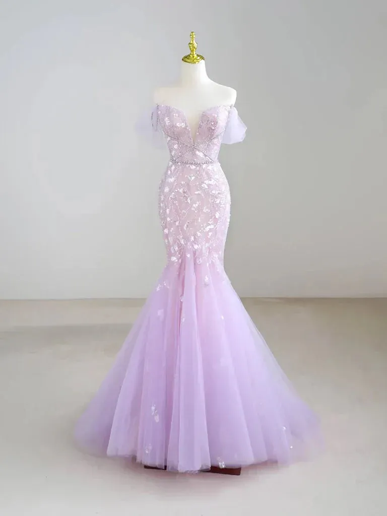 Mermaid Off-Shoulder Tulle Sequin Long Prom Dress Purple Formal Dress HZ1108
