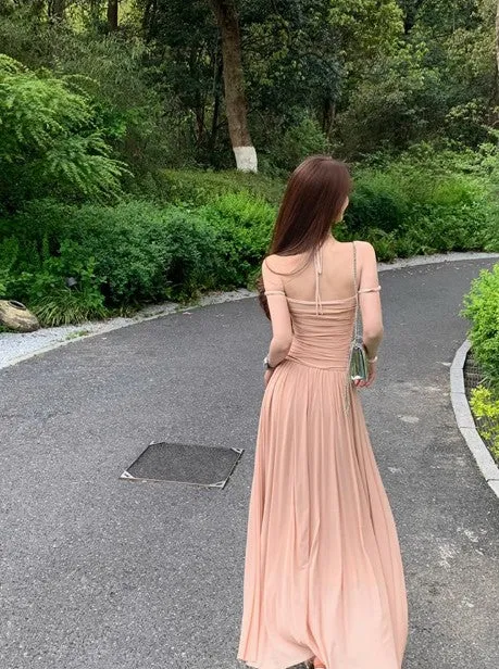 Gentle style pleated waist dress with suspenders HZ1108