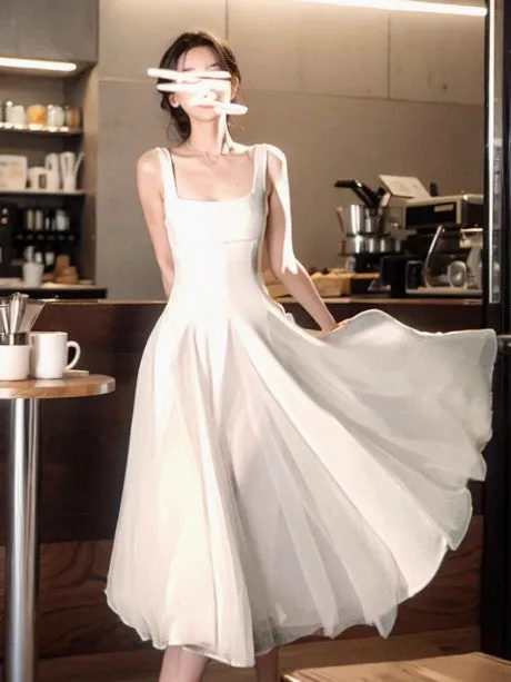 High-grade fluffy mesh white suspender dress HZ1108