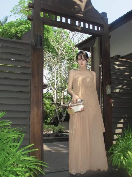 French style mesh ribbon tube top dress backless holiday maxi dress HZ1108