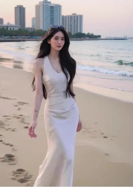 French Satin Mermaid V-Neck Halter Dress HZ1108 - Image 2