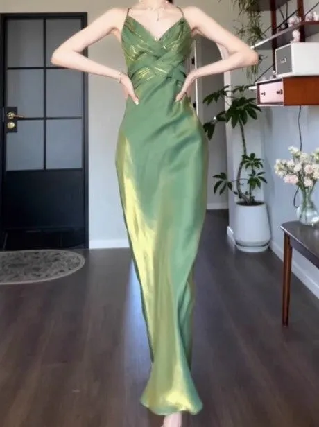 Retro Green Mermaid Spaghetti Straps Prom Dress Backless Birthday Graduation Prom Dress HZ1108