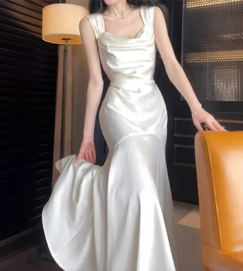 Elegant White Mermaid Square Neck Satin Prom Dress Birthday Dress HZ1108