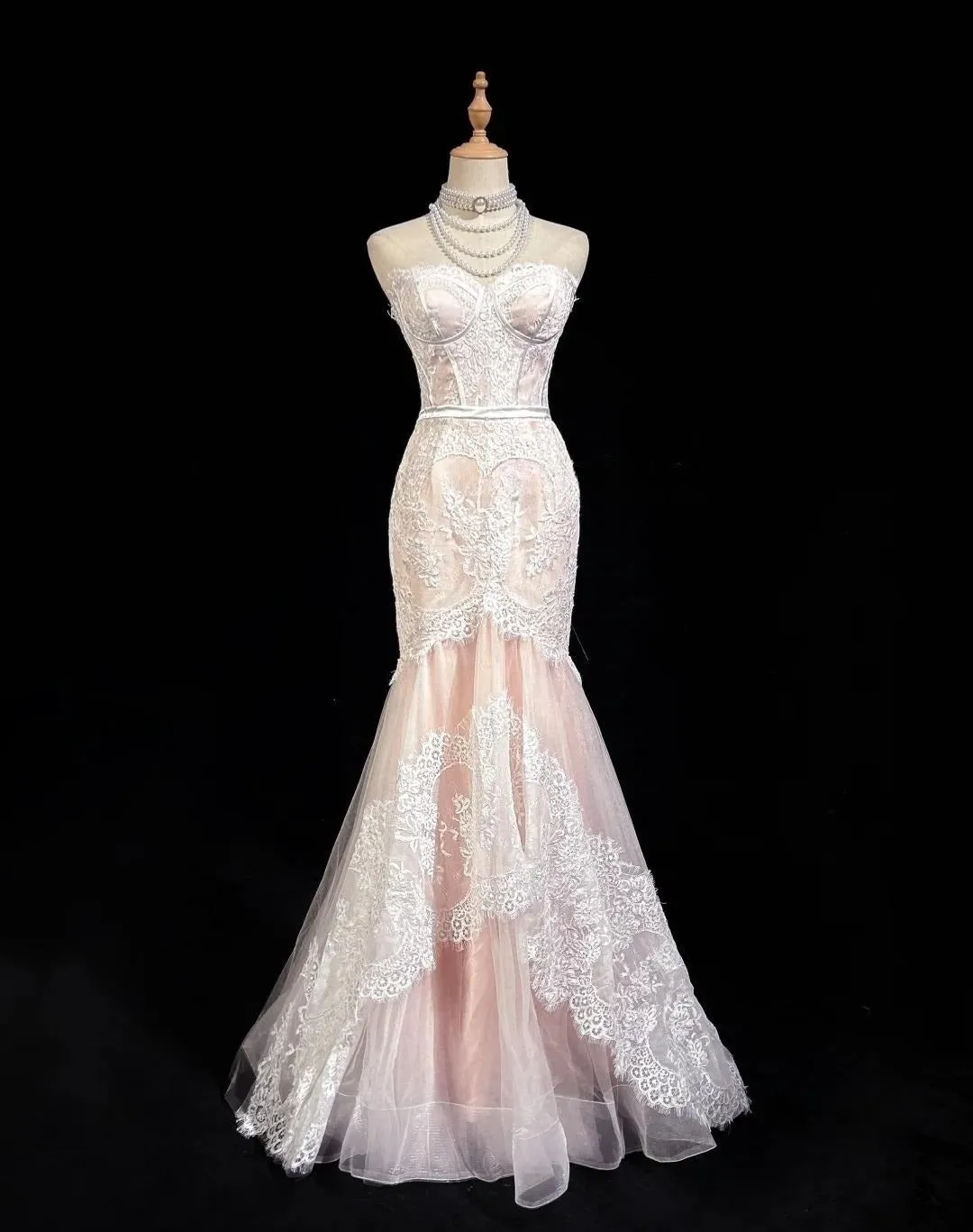 Light Pink Strapless Mermaid Tulle Lace Long Prom Dress Sweetheart Neckline Formal Dress HZ1108