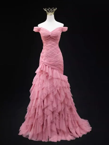 Pink Mermaid Off-the-shoulder Tulle Long Prom Dress Adult Ceremony Dress HZ1108