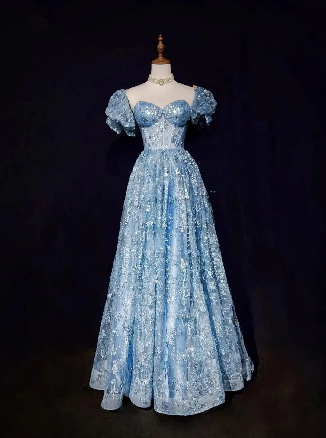 Blue A-Line Sweetheart Neck Tulle Sequin Long Prom Dress Exquisite Birthday Dress HZ1108