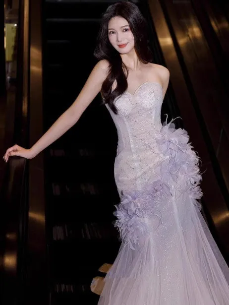 Light Purple Mermaid Sweetheart Neck Tulle Sequin Prom Dress Quincea?a Ball Dress Wedding Dress HZ1108