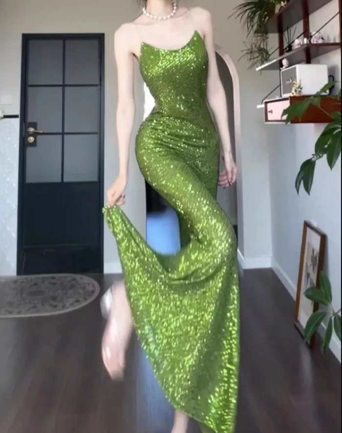Vintage Green Sheath Spaghetti Strap Sequined Prom Dress Birthday Dress HZ1108