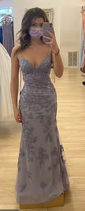 Pretty Grey Purple Mermaid Spaghetti Strap Tulle Lace Prom Dress HZ1108