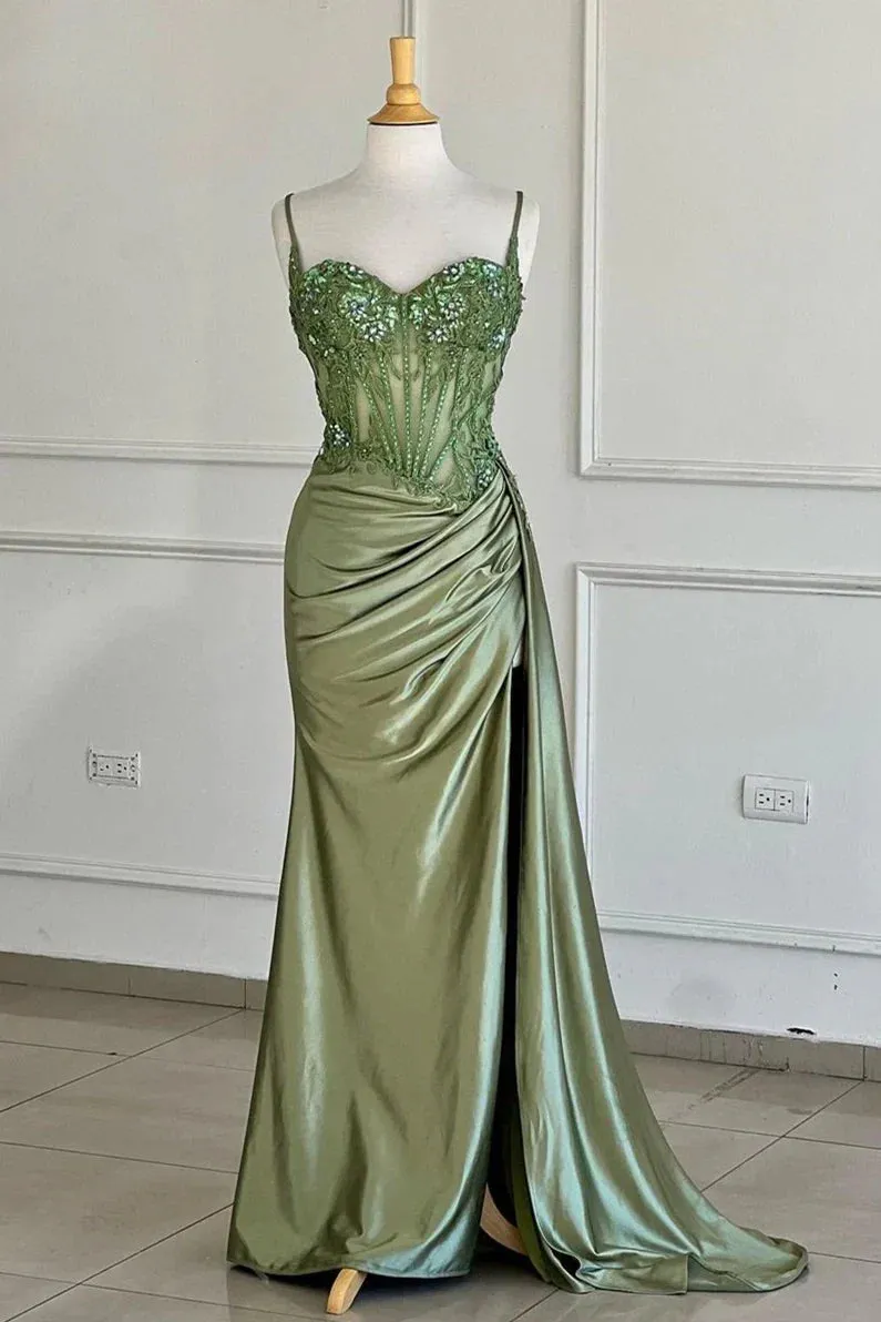Sage Green Spaghetti Straps Sequins Mermaid Appliqued Prom Dress With Split HZ1108
