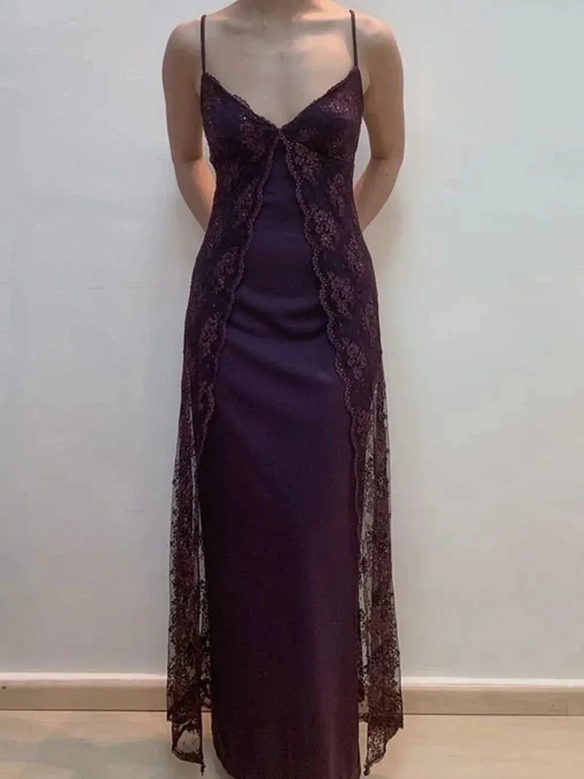 Vintage Y2K Grape Sheath Party Dress 90s Spaghetti Straps Lace Evening Dress HZ1108