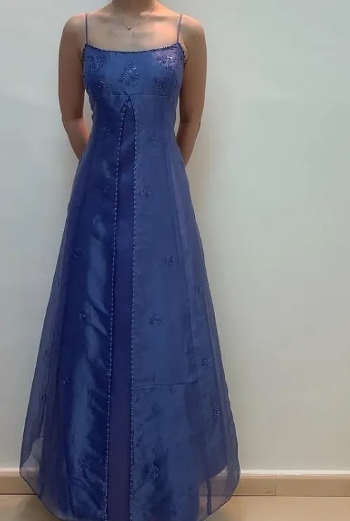 Vintage Spaghetti Strap Blue Tulle Beaded Prom Dress HZ1108