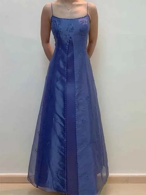 Vintage Spaghetti Strap Blue Tulle Beaded Prom Dress HZ1108 - Image 3
