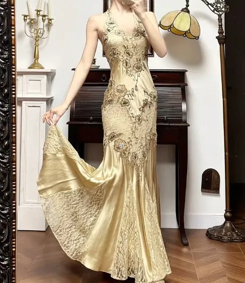 Gold Mermaid Halter Satin Beaded Applique Prom Dress HZ1108
