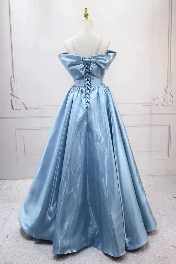 Blue Sweet A-Line Spaghetti Strap Satin Long Prom Dress Evening Party Dress HZ1108 - Image 4