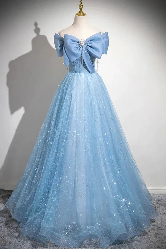 Light Blue A-Line Off Shoulder Tulle Sequins Long Prom Dress Evening Dress HZ1108