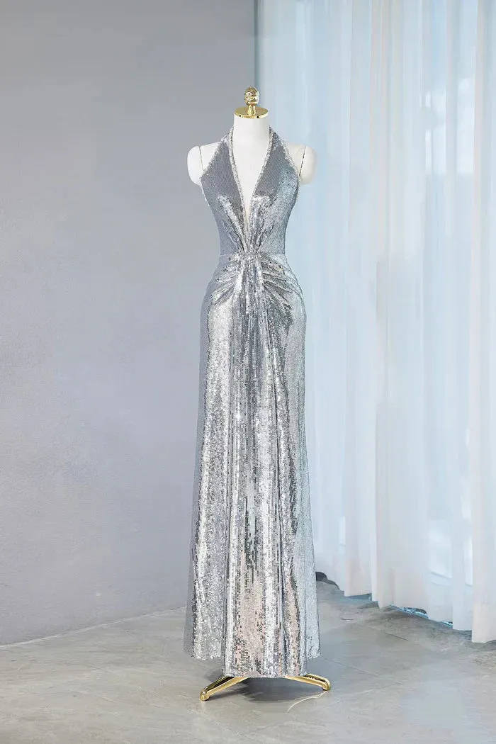Silver Sequins Sheath V-Neck Long Prom Dress Shiny Evening Dress HZ1108