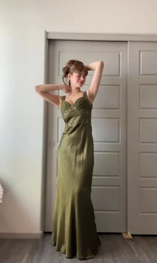 Olive Green Mermaid Spaghetti Straps Satin Beaded Long Prom Dress Evening Dress HZ1108
