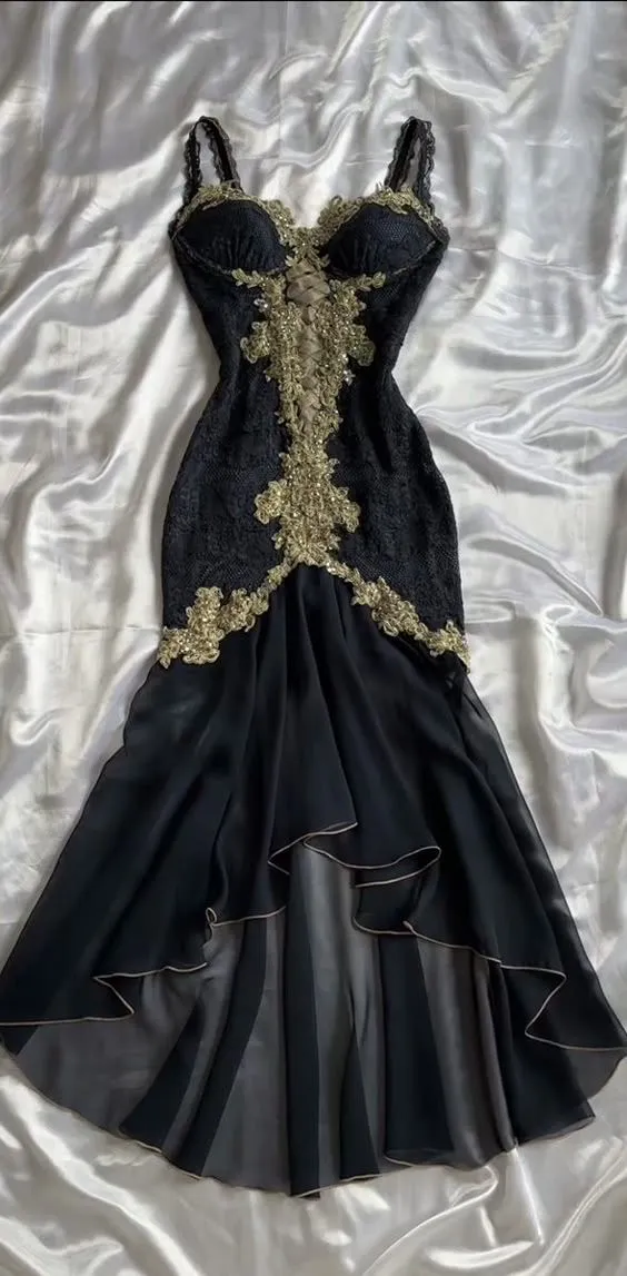 Black Elegant Sweetheart Neck Lace Chiffon Spaghetti Strap Sequin Prom Dress HZ1108