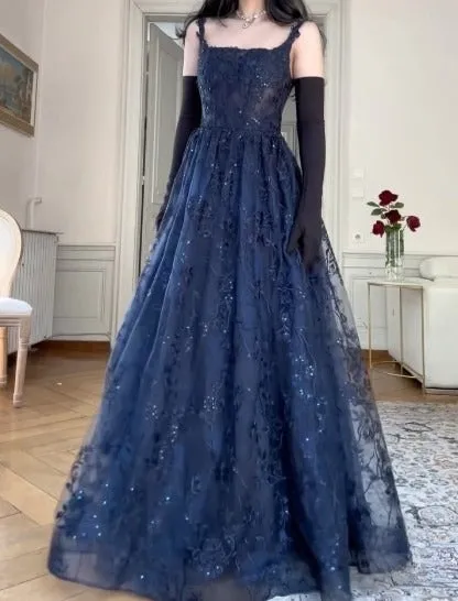 Elegant Navy Blue A-Line Spaghetti Straps Tulle Embroidery Applique Long Prom Dress Evening Dress HZ1108