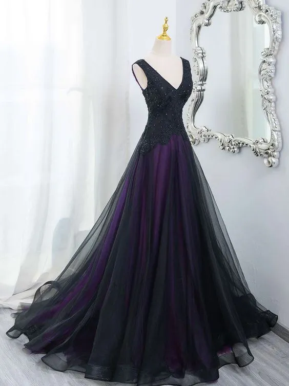 Black Tulle A-Line V-Neck Purple Satin Lace Applique Long Prom Dress With Beadings HZ1108