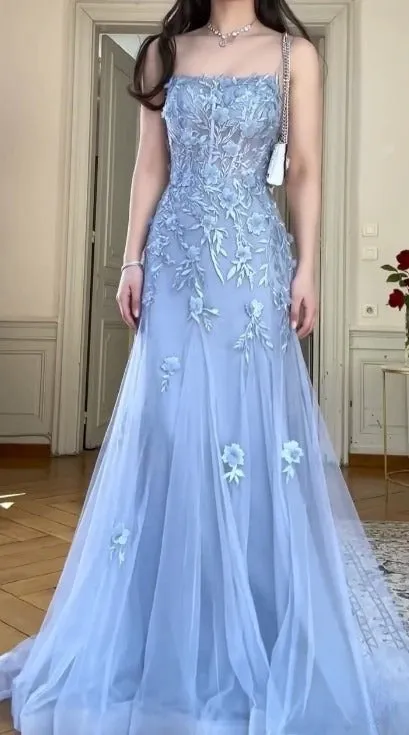 Elegant Blue Tulle A-Line Spaghetti Strap Appliqu��| Long Prom Dress Evening Dress HZ1108