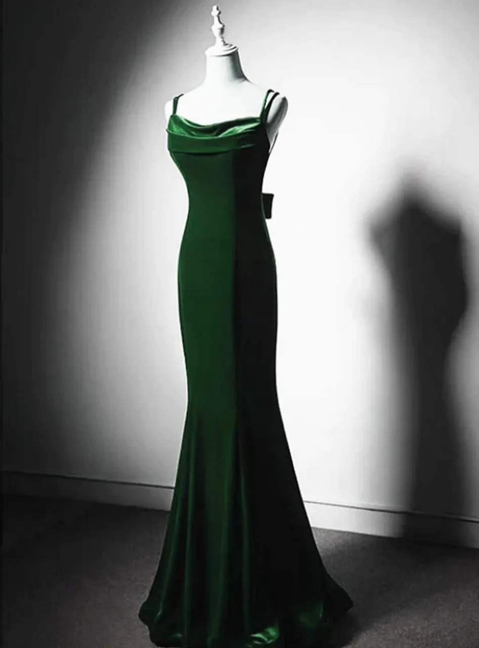 Dark Green Vintage Mermaid Velvet Spaghetti Straps Long Prom Dress HZ1108