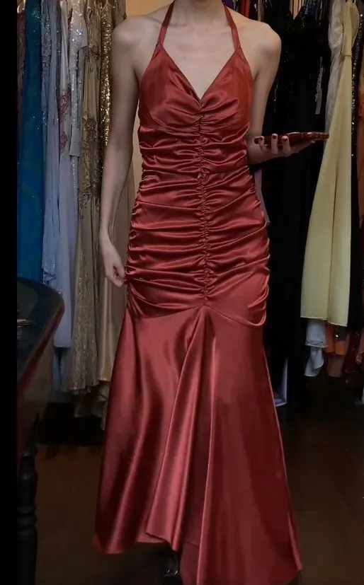 Rust Red Vintage Halter Mermaid Satin Long Backless Prom Dress Sleeveless Party Dress HZ1108